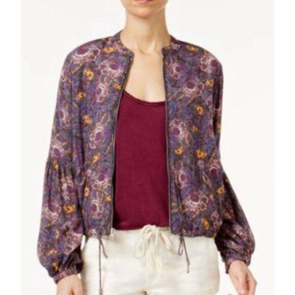 Free People Floral Full Zip Balloon Sleeve Boho Bomber Jacket Sz Medium - Picture 1 of 5